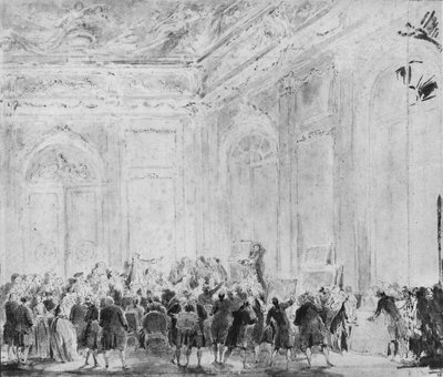 Scene med salg af malerier af Gabriel de Saint-Aubin